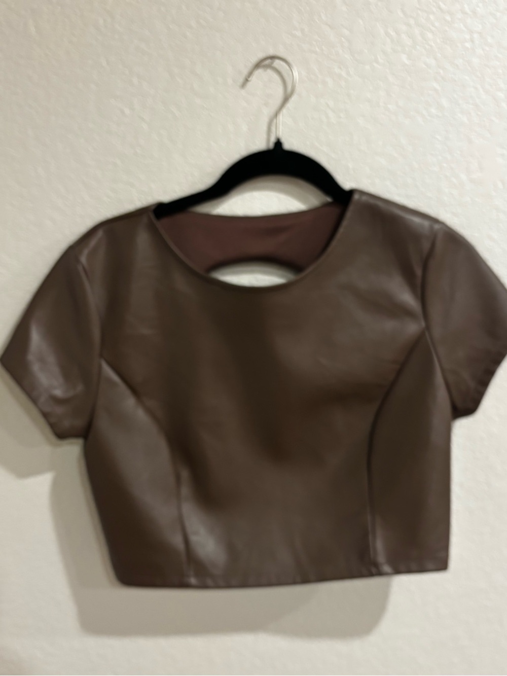 iris Brown Faux Leather Crop Top with Short Sleeves
